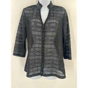 Alfani M Black Sophisticated Sheer Lace Blouse Ruffled‎ Collar 3/4 Sleeves